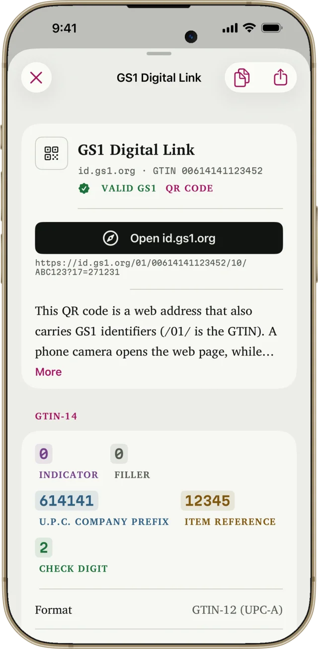 Barcode Breakdown on an iPhone, reading a GS1 Digital Link QR code: Valid GS1, GTIN 00614141123452, with an Open id.gs1.org button.