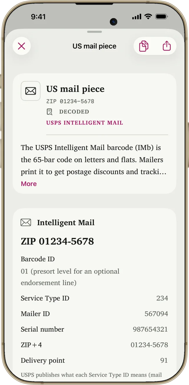 Barcode Breakdown on an iPhone, decoding a USPS Intelligent Mail barcode: ZIP 01234-5678, mailer ID 567094, serial number 987654321, delivery point 91.